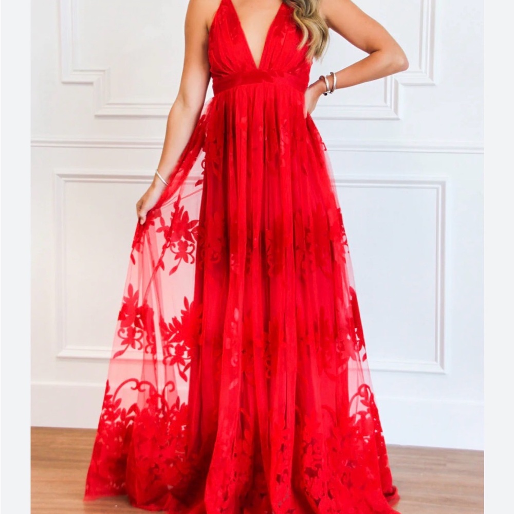 Southern Fried Chics Red Lace Maxi Dress